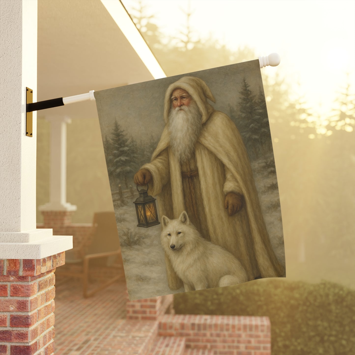 Winter-Themed Garden Banner Featuring a Lantern-Secured Santa and Arctic Fox, Cozy Home Decor for the Holidays, Outdoor Display, [...]