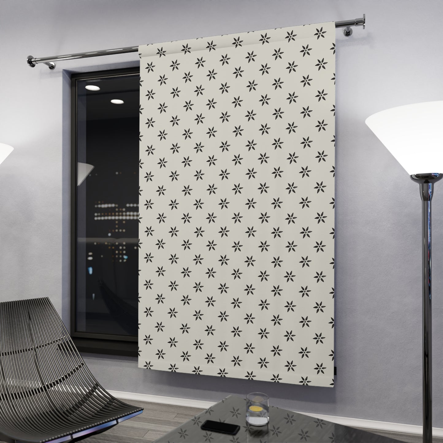 Off White/Cream and Black Stencil Window Curtains (1 Piece)