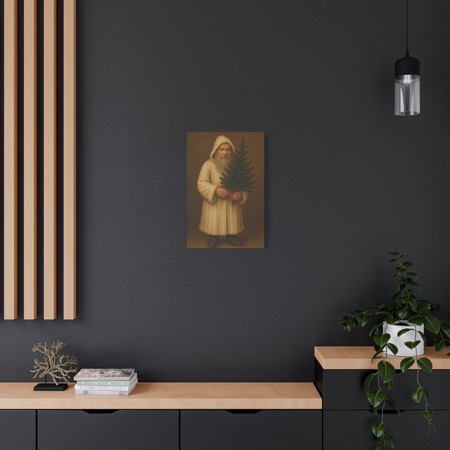 Holiday Canvas Art Print - Cozy Santa with Christmas Tree