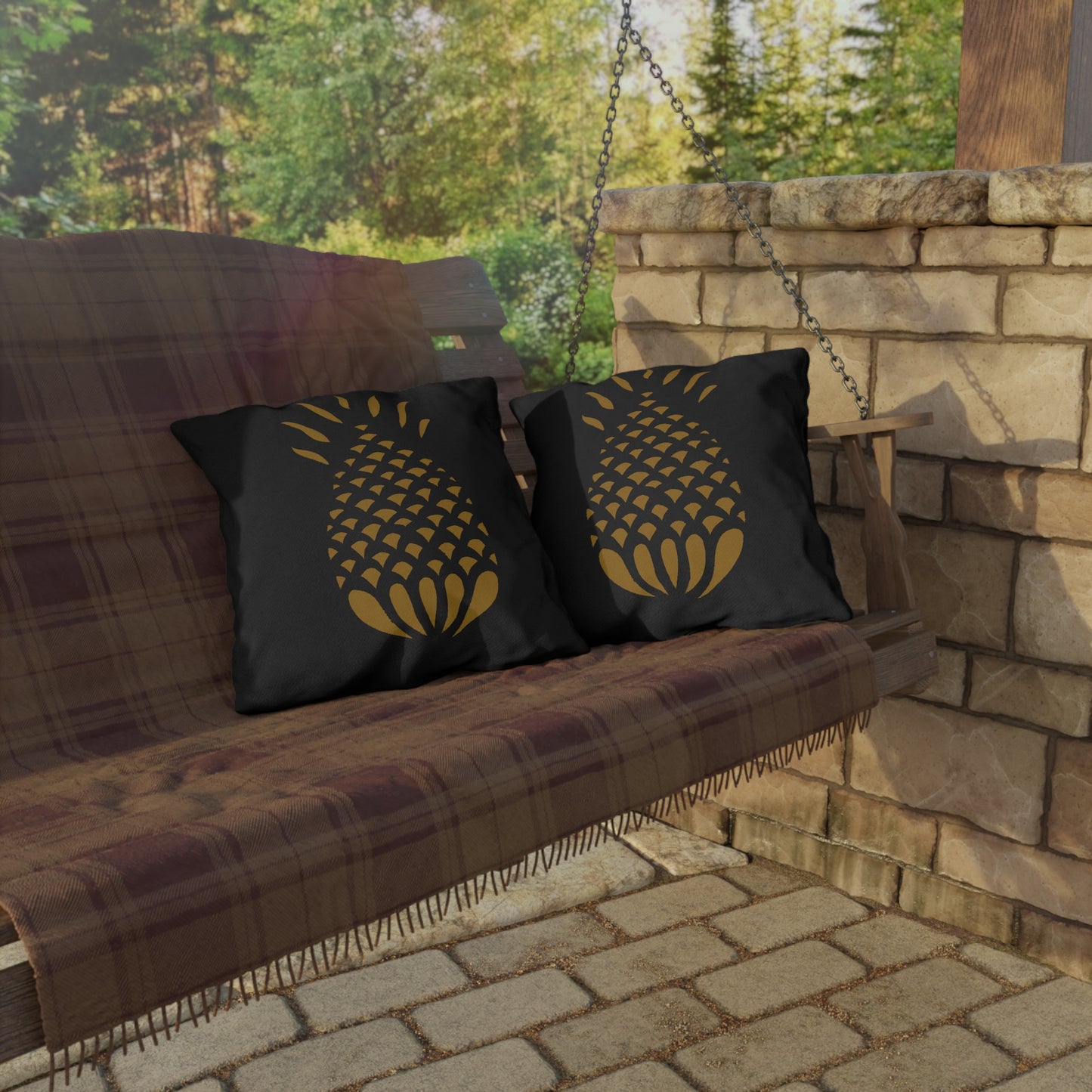 Mustard Pineapple on Black Outdoor Pillows