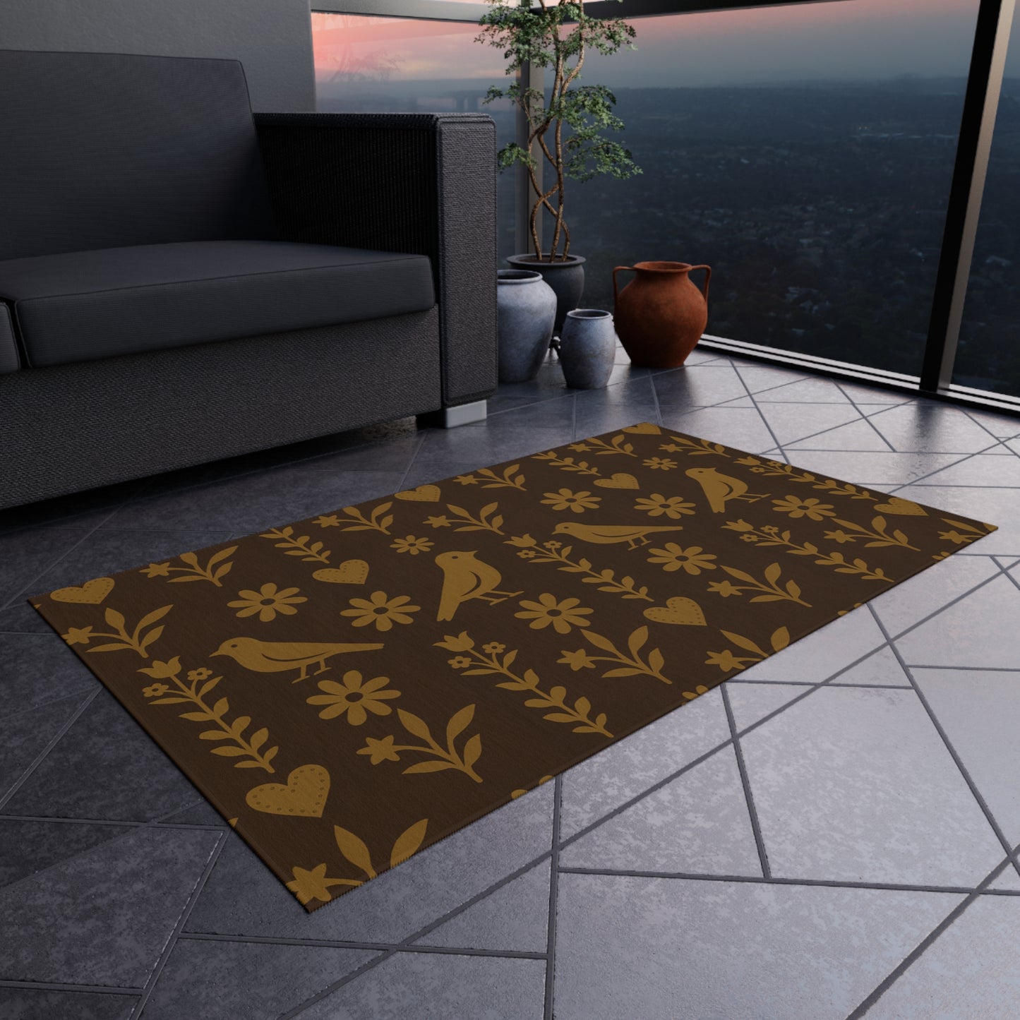 Charming Outdoor Rug for Patios, Gardens, Camping, Bohemian Decor, Bird Pattern, Seasonal Decorating