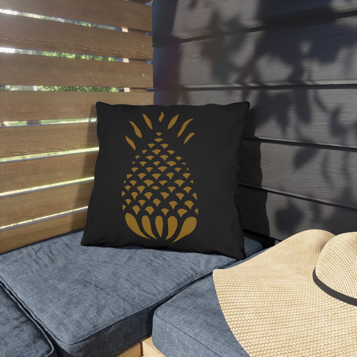 Mustard Pineapple on Black Outdoor Pillows