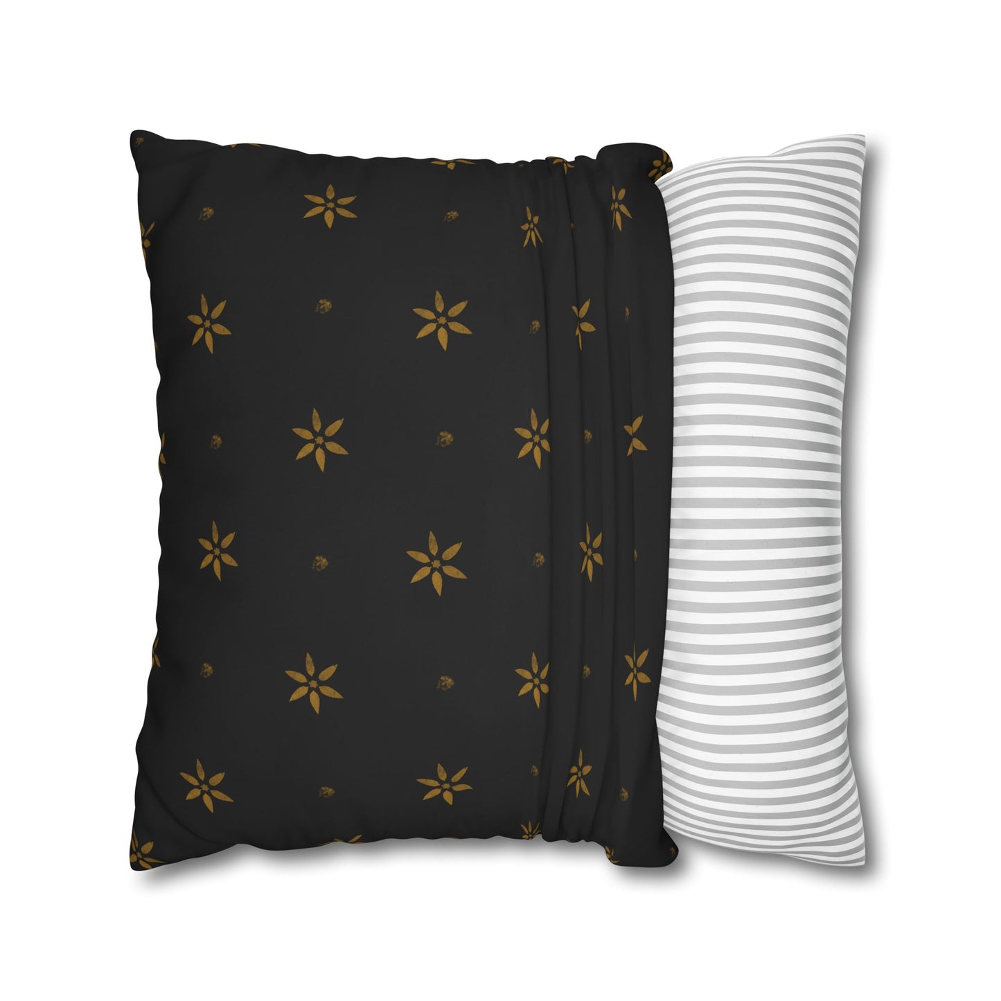 Stencilled Mustard Petals on Black Square Poly Canvas Pillowcase