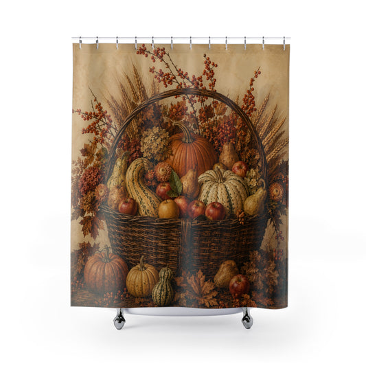 Autumn Harvest Shower Curtain — Rustic Pumpkin & Gourd Basket Fall Bathroom Decor