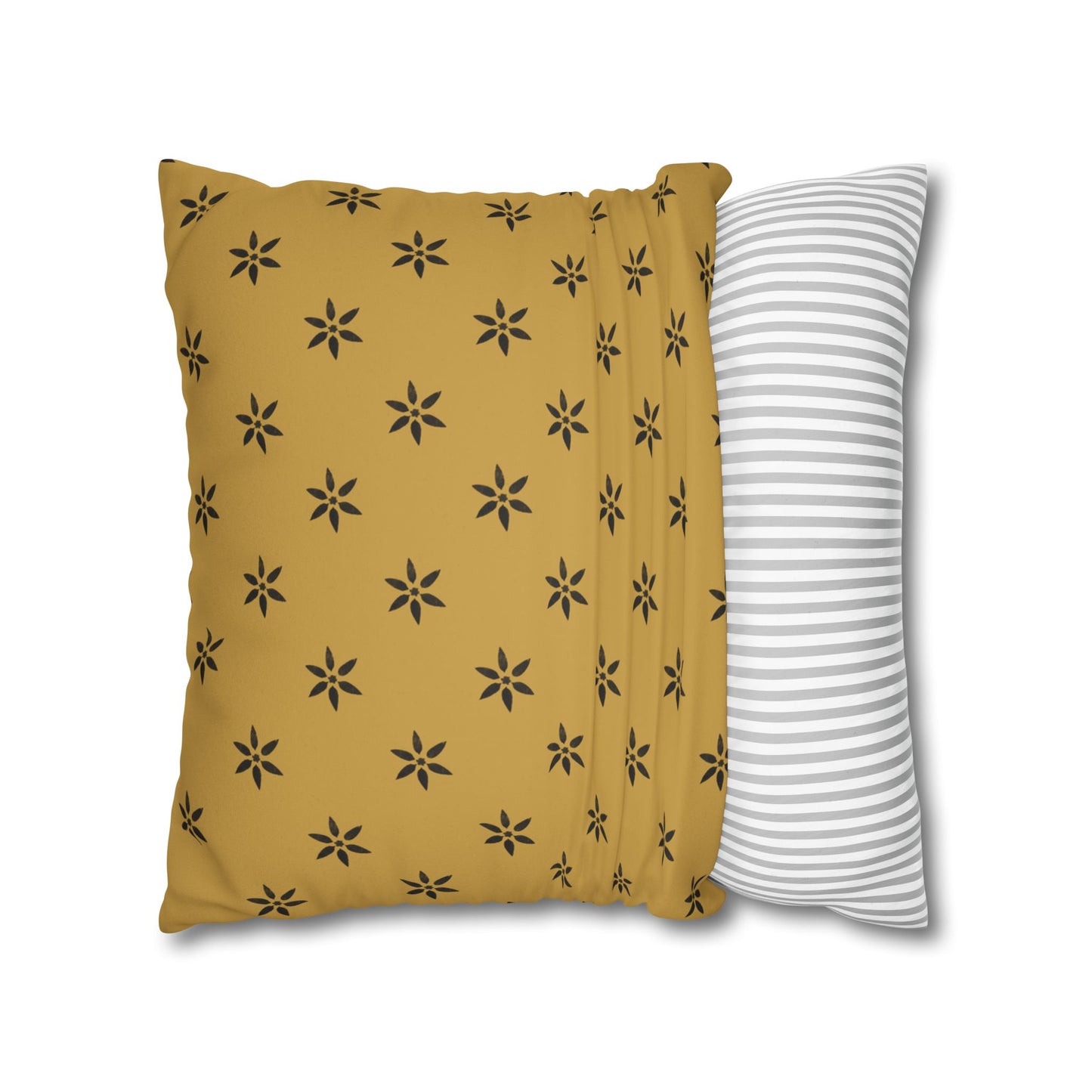 Black 6 Pointed Petal Stencil on Gold Faux Suede Square Pillowcase