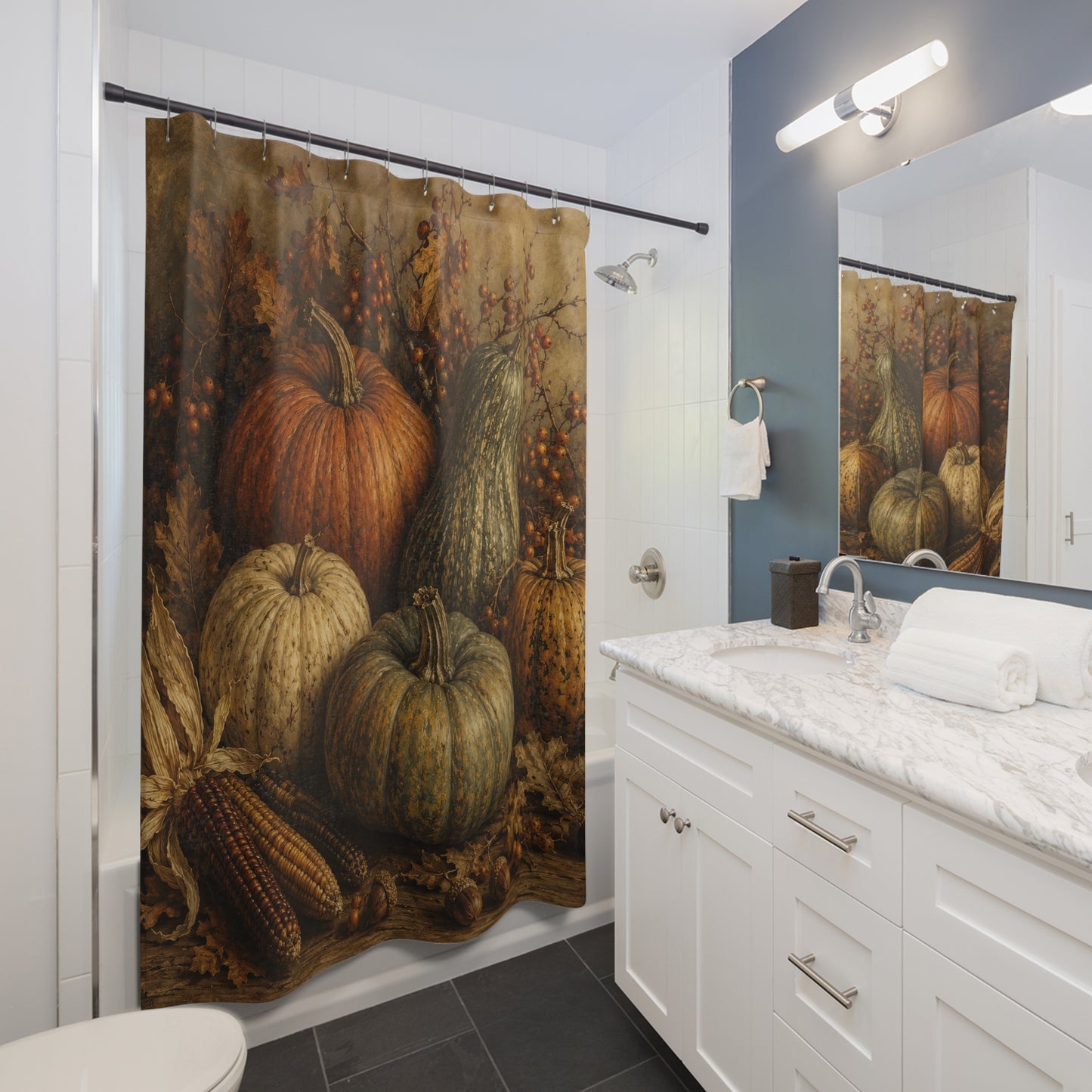 Autumn Harvest Pumpkin Shower Curtain — Rustic Fall Bathroom Decor