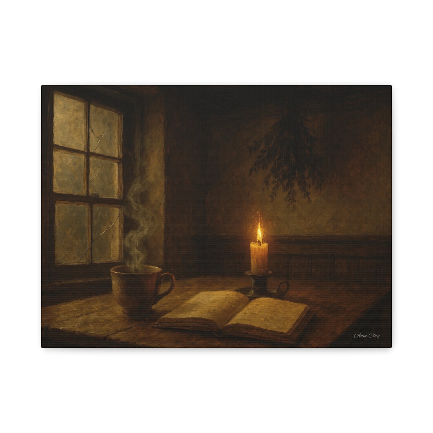 Cozy Candlelit Canvas Art, Wall Decor, Rustic Home Decor, Coffee Lovers Gift, Relaxing Room Artwork, Gift for Book Lovers