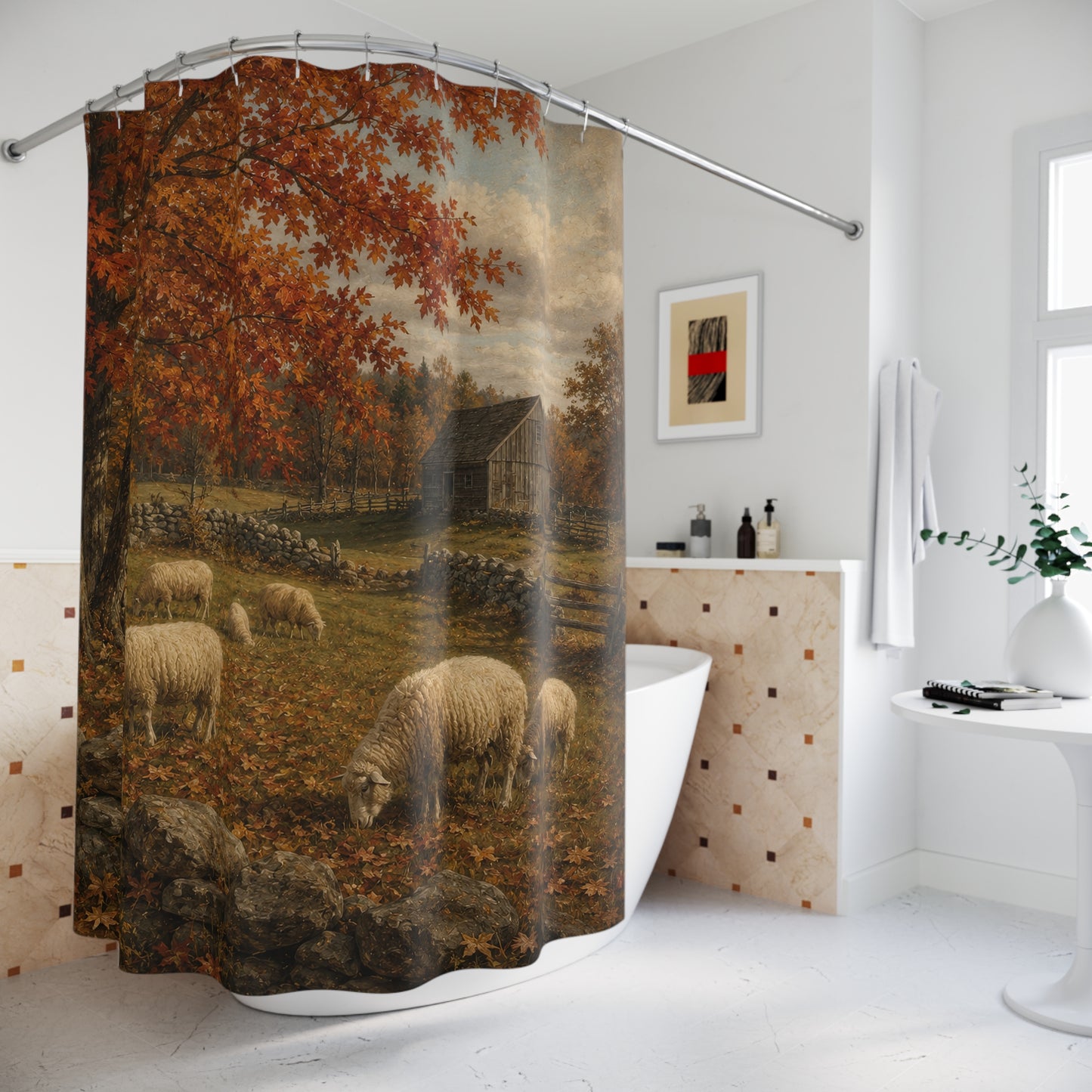 Autumn Pastoral Shower Curtain — Rustic Farmhouse Sheep & Barn Bathroom Decor