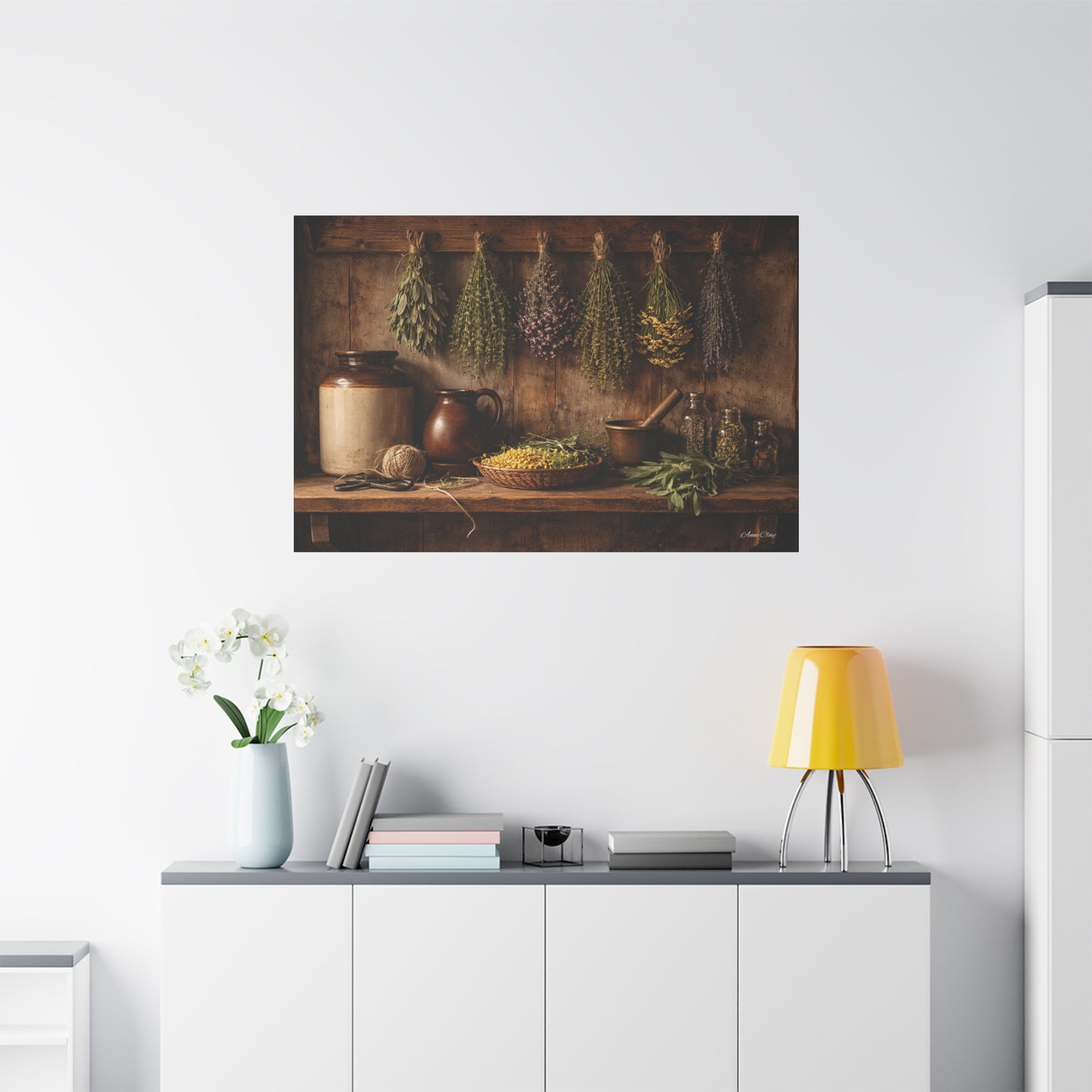 Domestic Rustic Herbal Kitchen Canvas Wall Art — Dried Herbs Still Life Matte Stretched Print