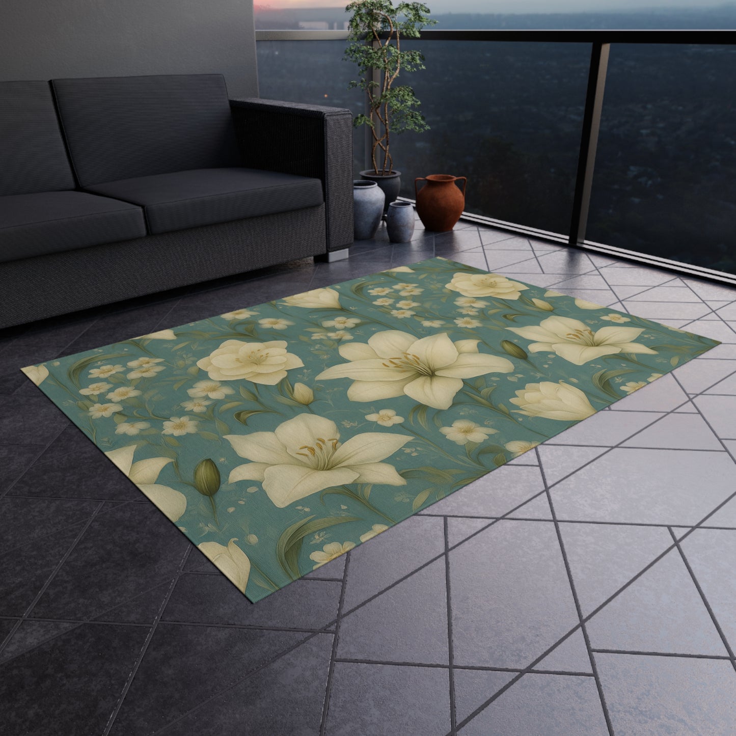 Floral Outdoor Rug for Patios, Boho Garden Mat, Elegant Floor Covering, Spring Decor, Cozy Outdoor Living