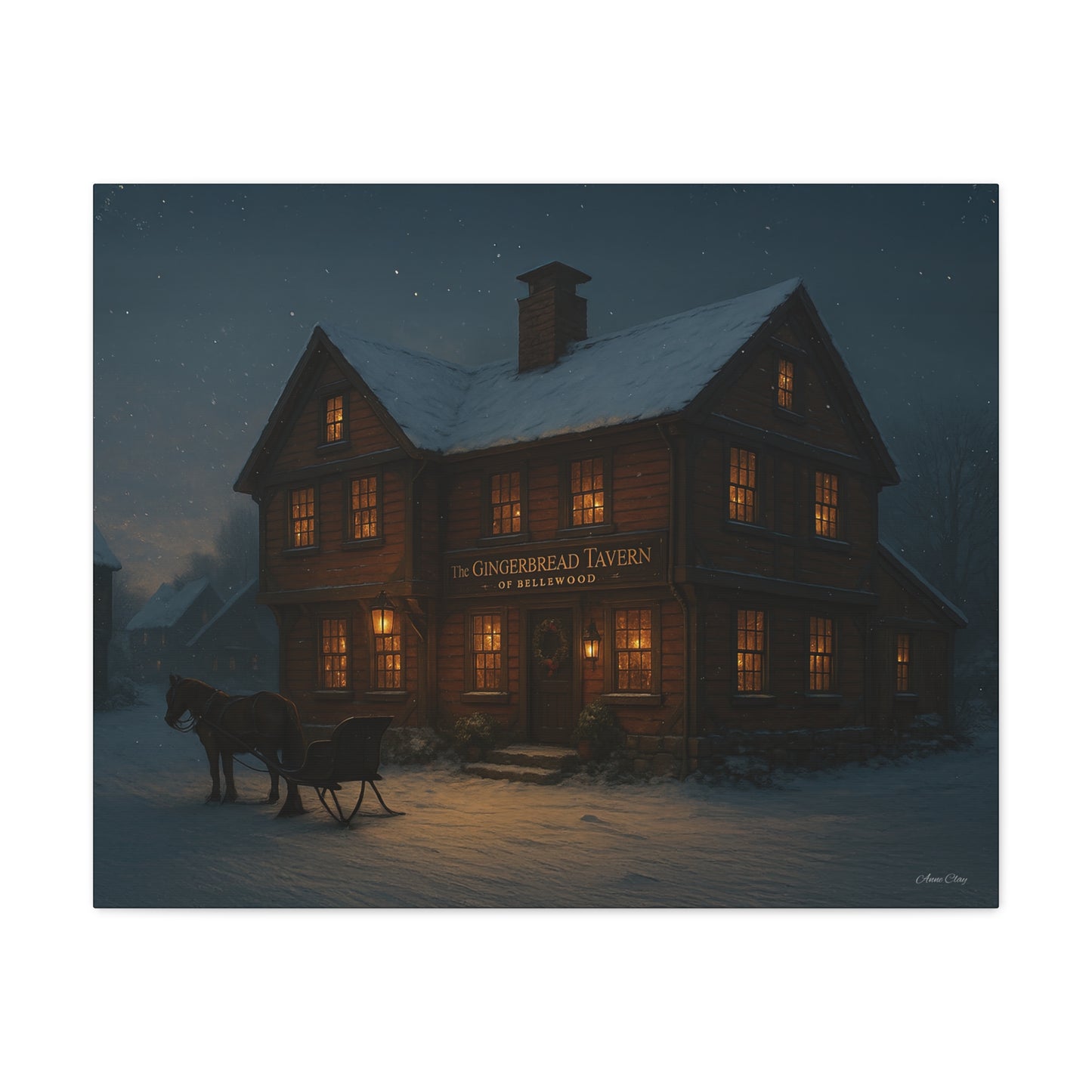 Gingerbread Tavern Winter Night Matte Stretched Canvas