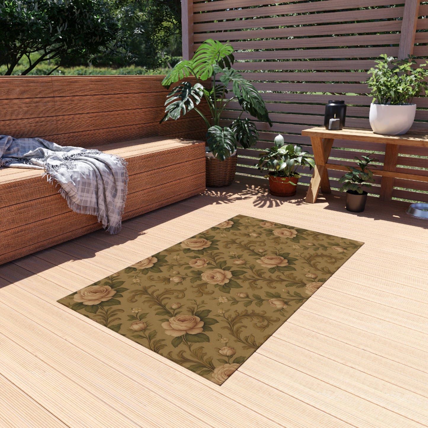 Vintage Floral Outdoor Rug, Boho Patio Mat, Garden Floor Decor, Rustic Outdoor Carpet, Perfect for Picnics & BBQs