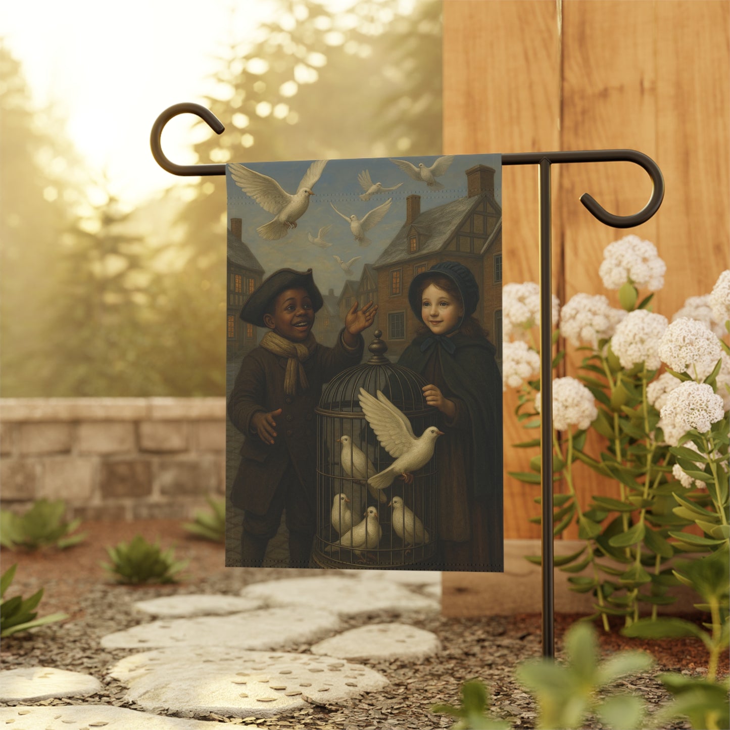 Whimsical Garden Banner - Charming Kids with Doves Design