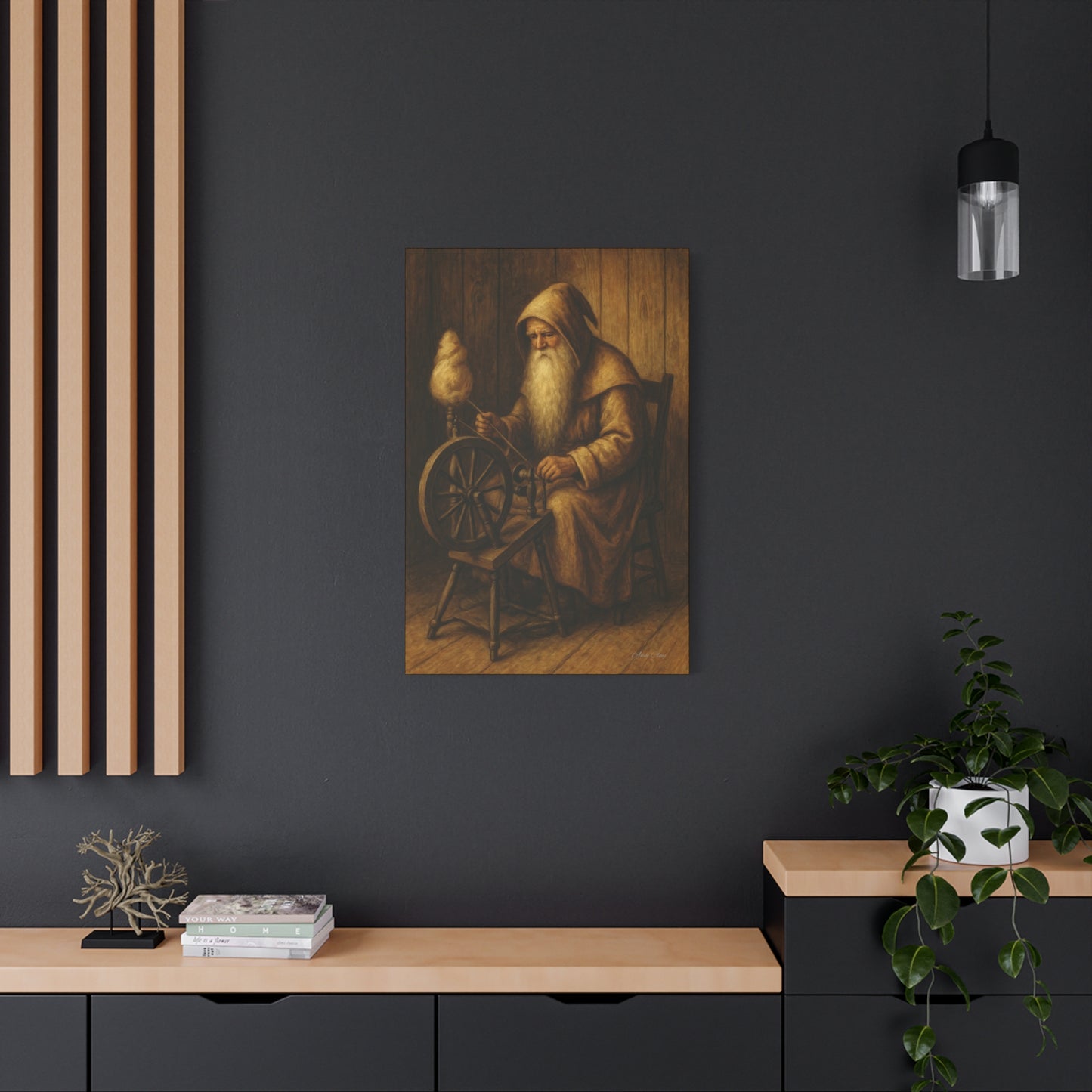 Spinning Wheel Santa, Canvas Print, Cozy Home Decor, Art for Craft Lovers, Perfect Gift for Holidays, Wall Art, Old World Santa