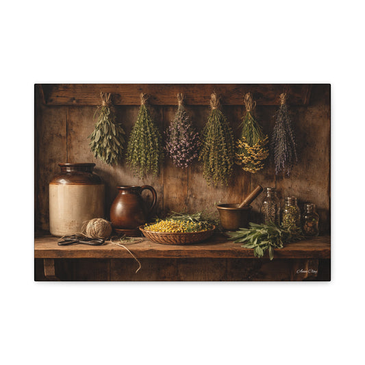 Domestic Rustic Herbal Kitchen Canvas Wall Art — Dried Herbs Still Life Matte Stretched Print