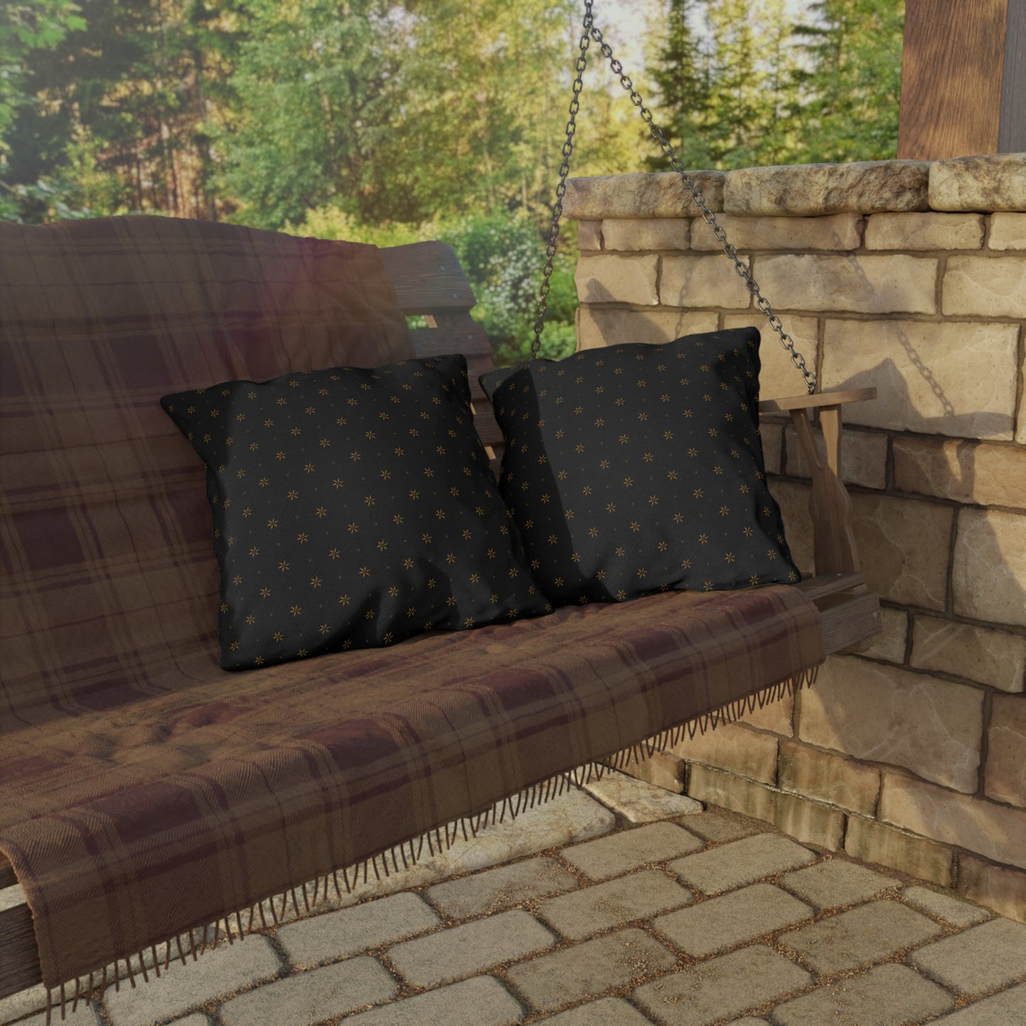 Mustard Petals on Black Outdoor Pillows
