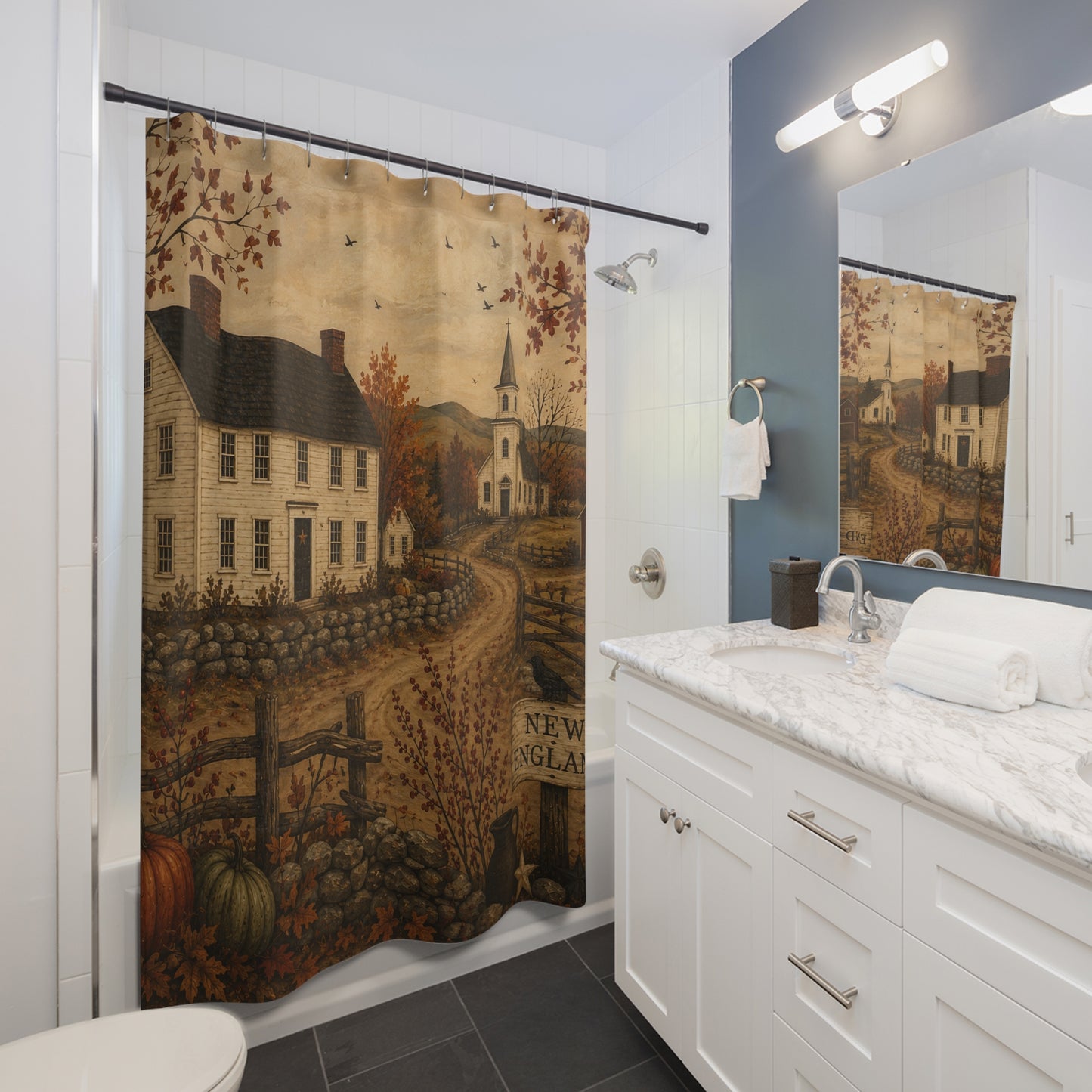 New England Autumn Village Shower Curtain — Rustic Farmhouse Bathroom Decor