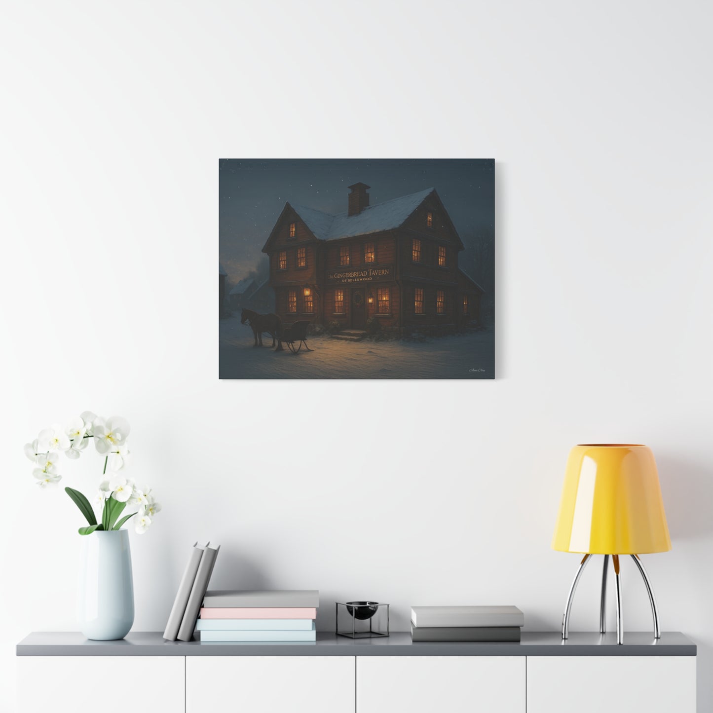 Gingerbread Tavern Winter Night Matte Stretched Canvas