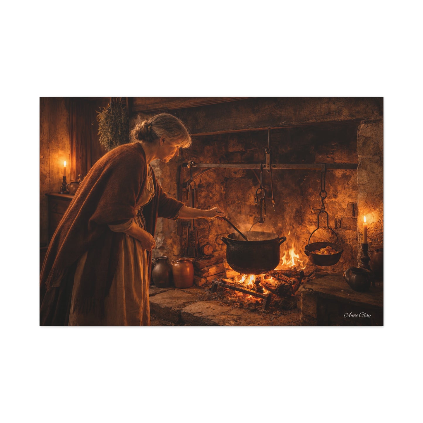 Domestic Colonial Woman at Hearth Matte Canvas