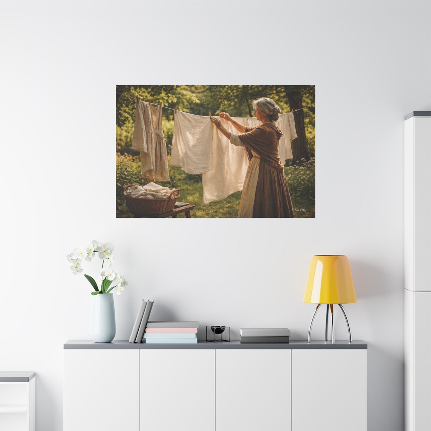 Domestic Canvas Wall Art — Vintage Woman Hanging Laundry, Rustic Cottagecore Home Decor