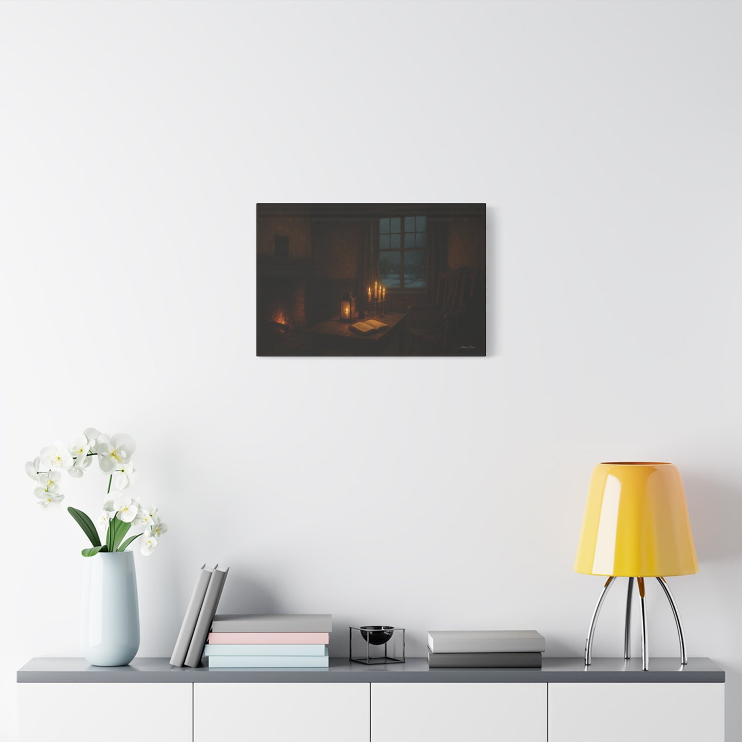 Cozy Candlelit Canvas Art, Home Decor, Warm Atmosphere, Gift for Book Lovers, Rustic Wall Art, Cozy Living Room Decor