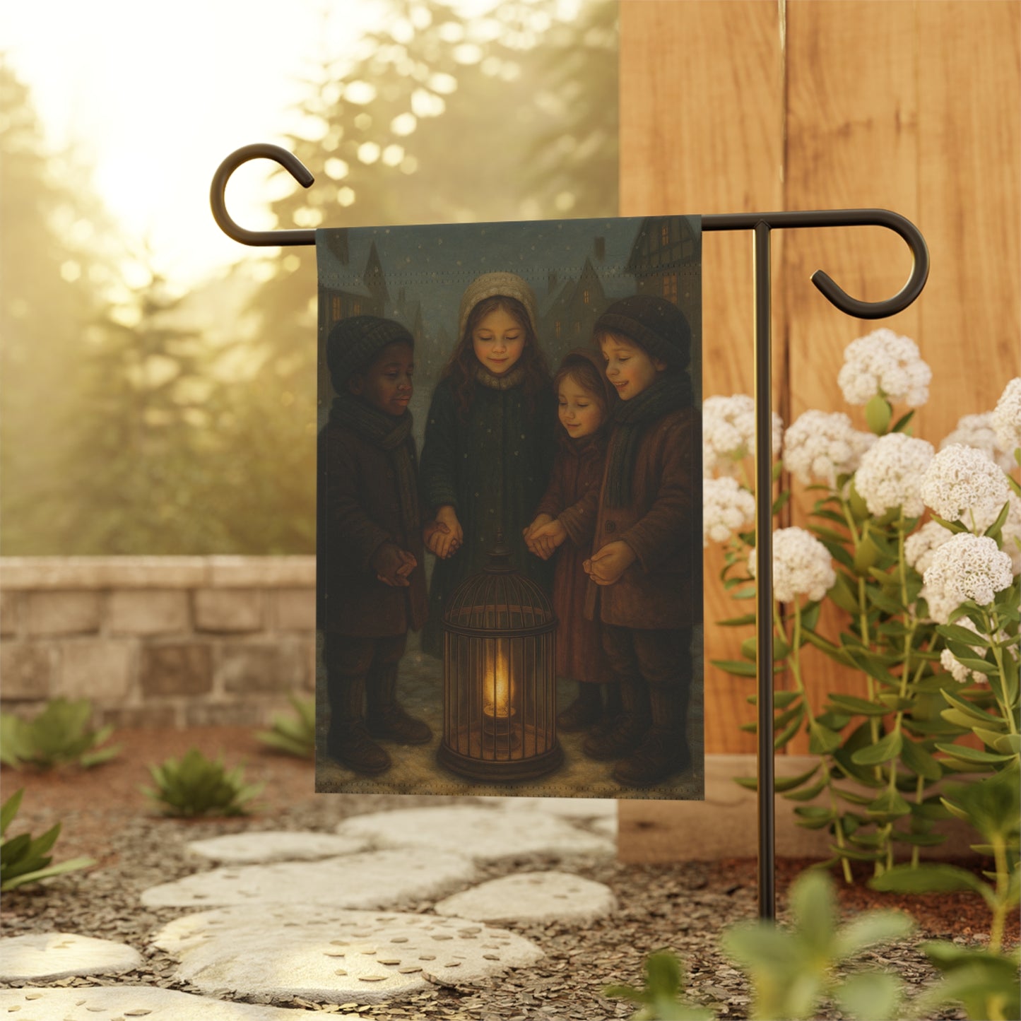 Festive Garden Flag with Children and Lantern Design
