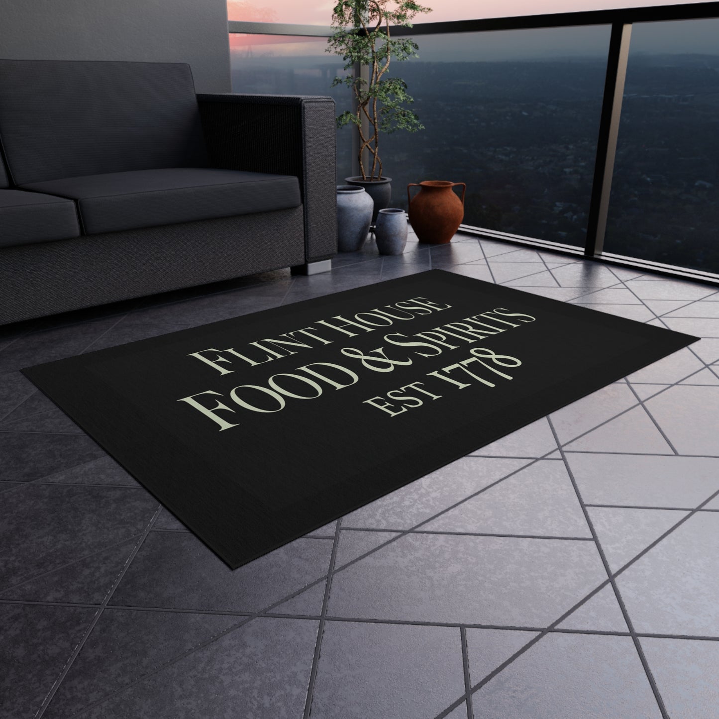 Elegant Outdoor Rug for Patios and Porches - 'Flint House Food & Spirits' Design