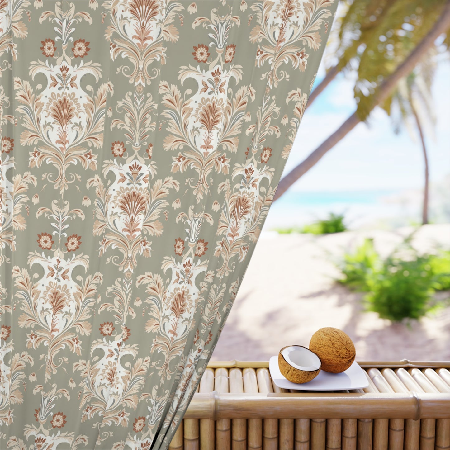 Fantasy Collection Green and Tan Damask Window Curtains (1 Piece)