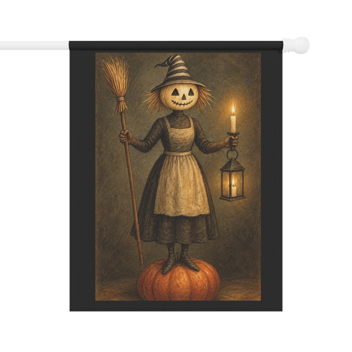 Halloween Scarecrow Garden Flag — Vintage Jack-o'-Lantern Lady Holding Lantern