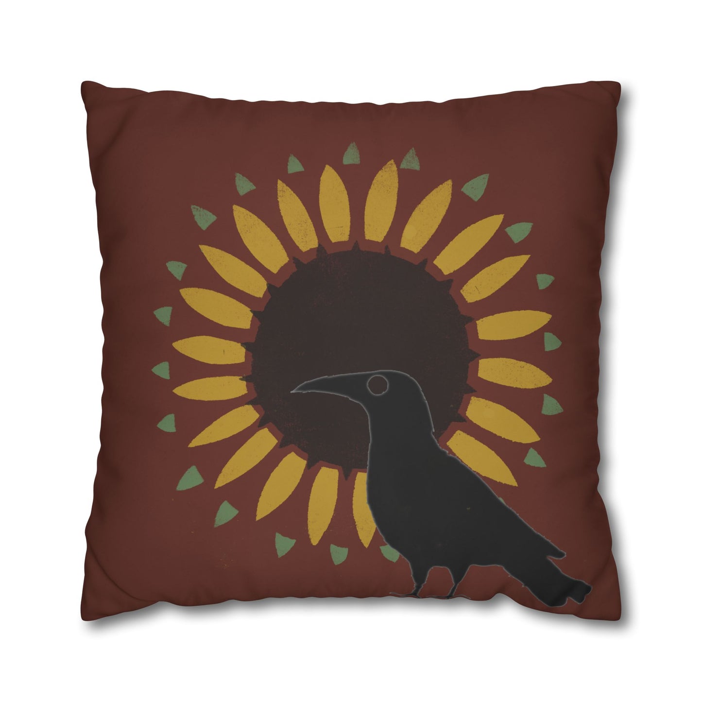 Crow and Sunflower Stencil on Red Square Poly Canvas Pillowcase