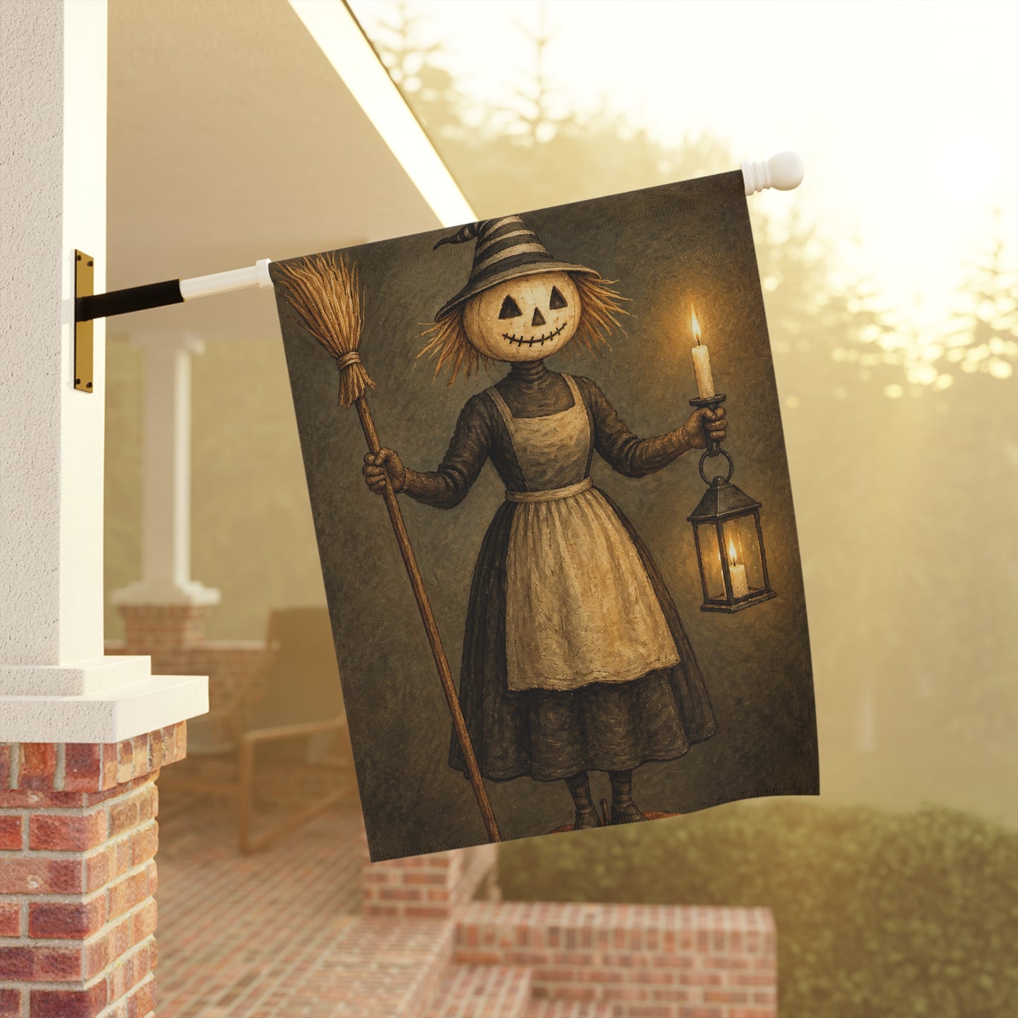 Halloween Scarecrow Garden Flag — Vintage Jack-o'-Lantern Lady Holding Lantern
