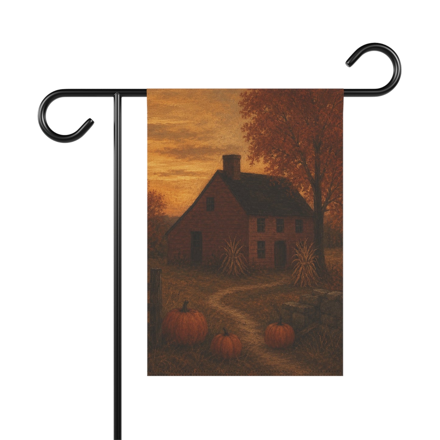 Autumn Farmhouse Garden Flag — Rustic Pumpkin House Fall Banner