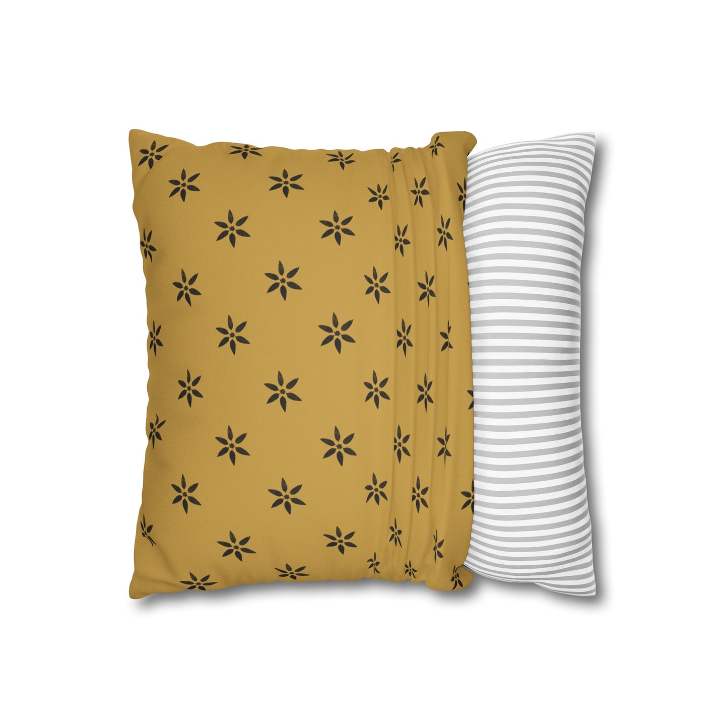 Black 6 Pointed Petal Stencil on Gold Faux Suede Square Pillowcase