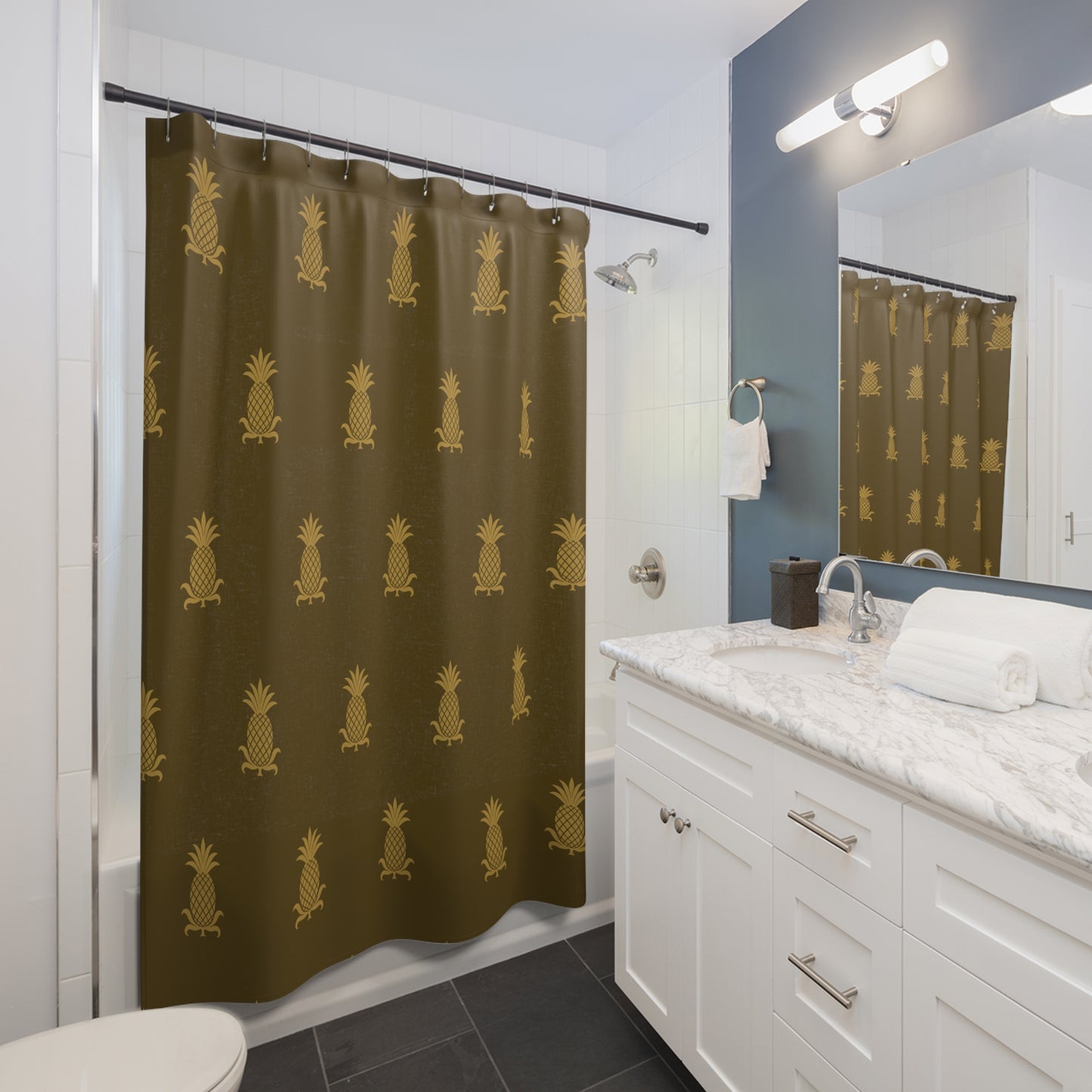 Mustard Pineapple on Green/Brown Background Shower Curtains