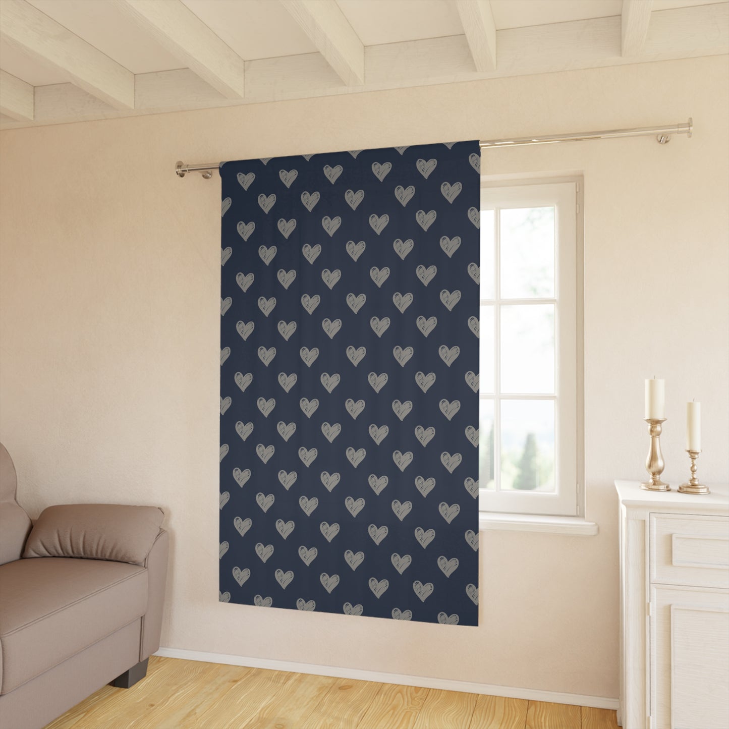 Cream Hearts Stencil on True Blue Window Curtains (1 Piece)