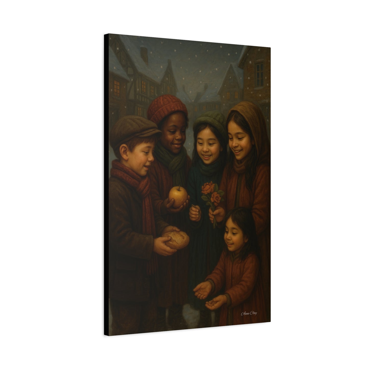 Spirit of Christmas, Open Arms, Sharing Festive Canvas Art Print: Joyful Winter Children Scene