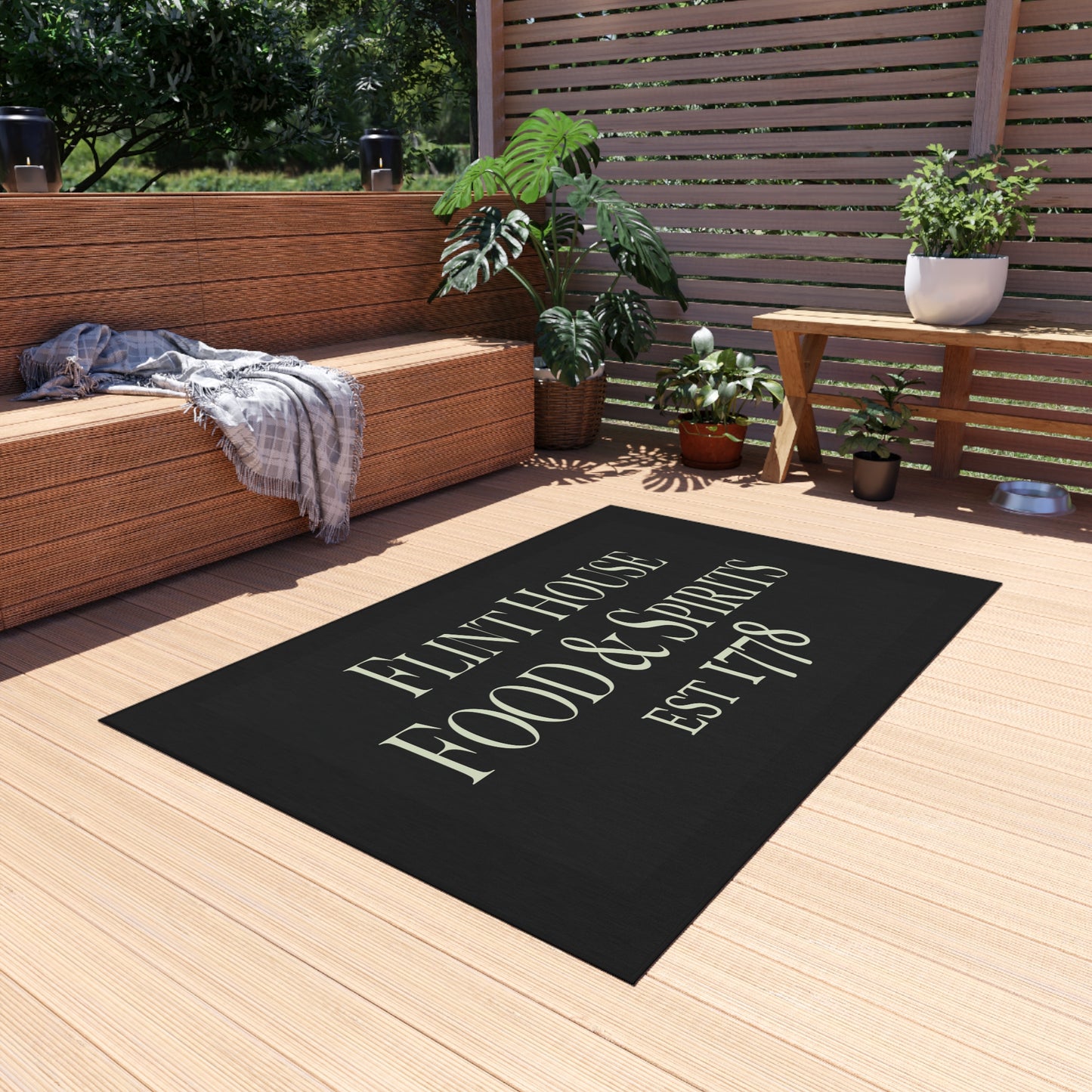 Elegant Outdoor Rug for Patios and Porches - 'Flint House Food & Spirits' Design
