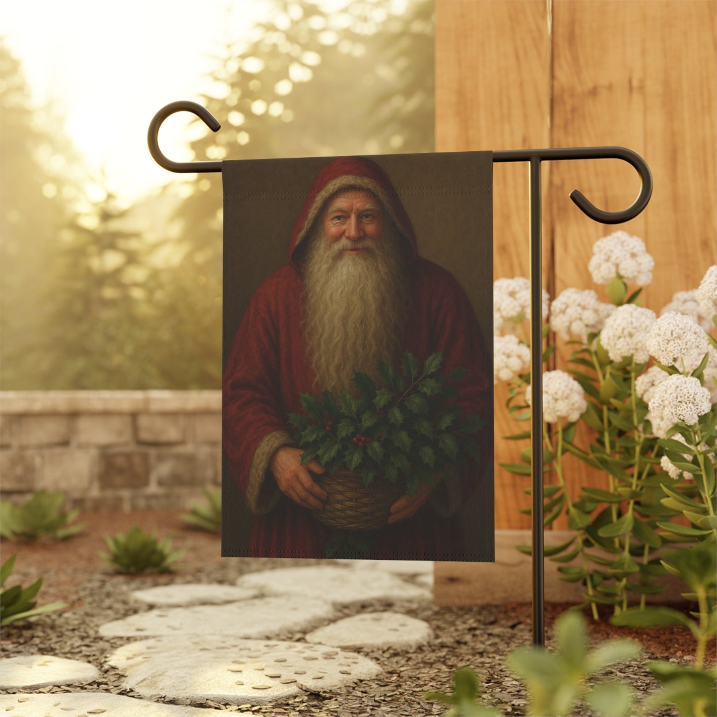 Vintage Santa Garden Flag – Classic Bearded Santa Holding Evergreen Basket