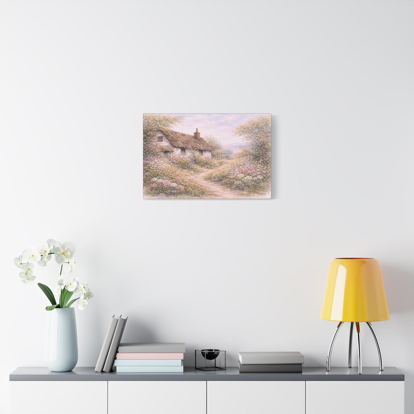 Cottage Garden Matte Canvas Wall Art — Pastel Floral Country Path Print, Stretched 1.25"