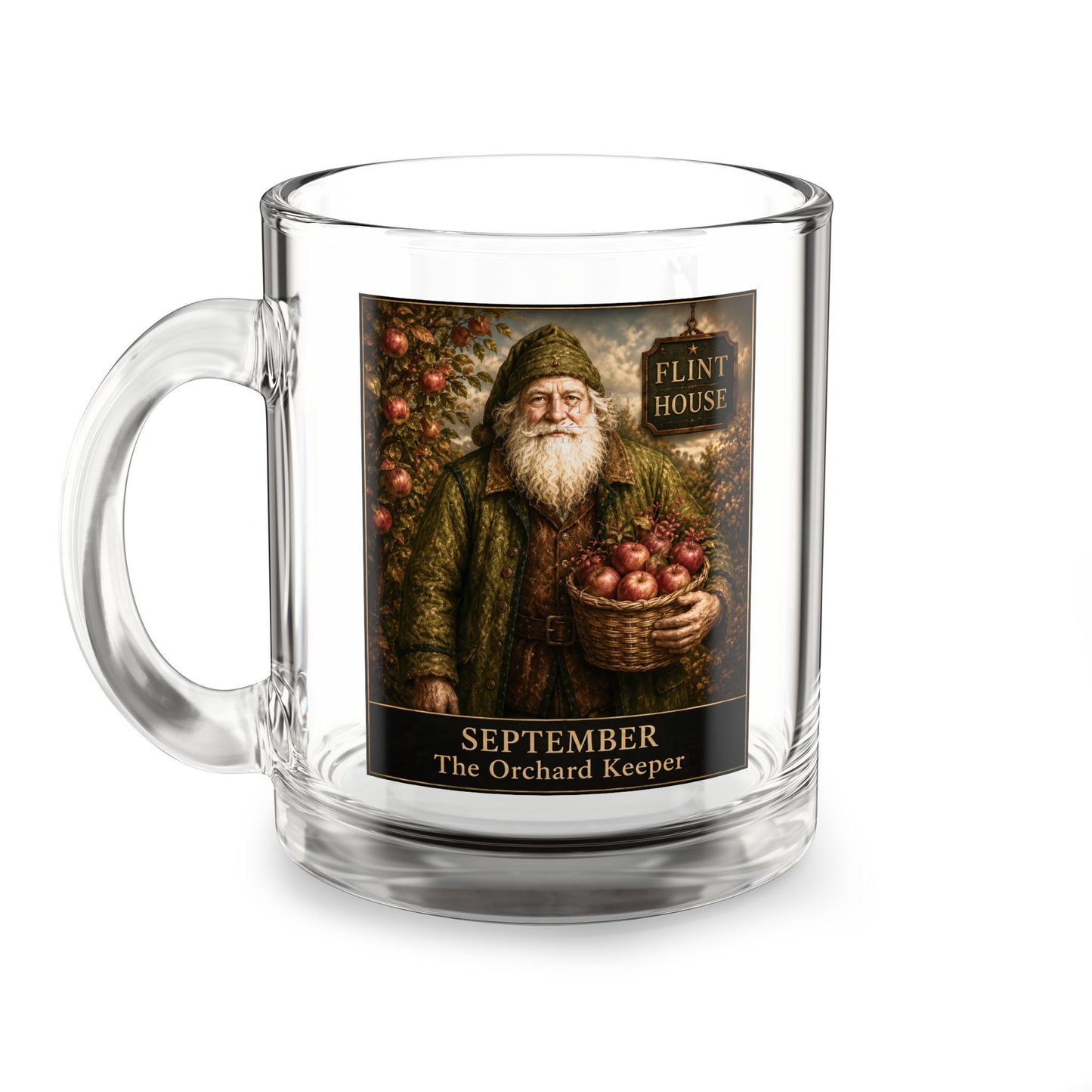 September Orchard Keeper Glass Mug — 10oz Vintage Harvest Apple Farmer Design