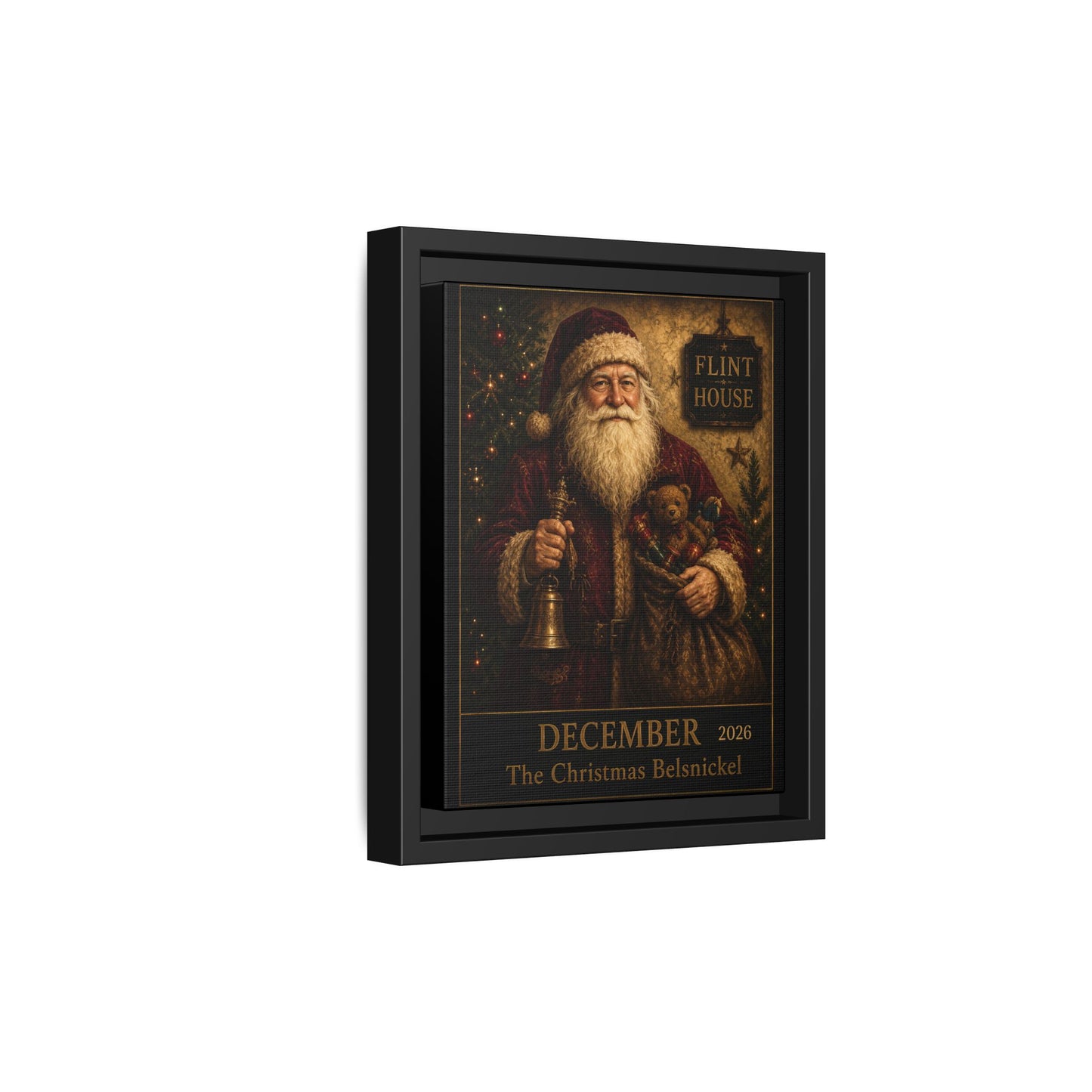 Framed Vintage Santa Canvas – “December The Christmas Belsnickel” Holiday Wall Art FLINT HOUSE COLLECTIONS