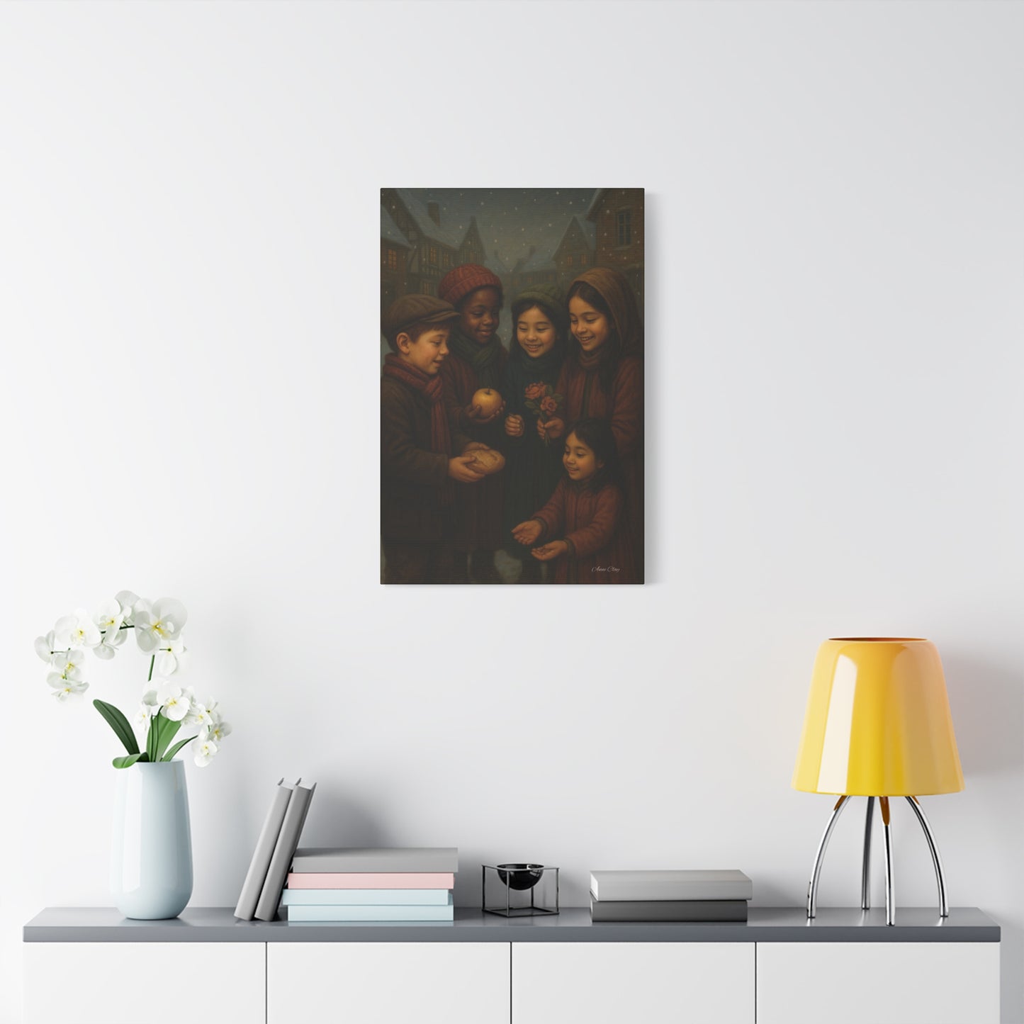 Spirit of Christmas, Open Arms, Sharing Festive Canvas Art Print: Joyful Winter Children Scene