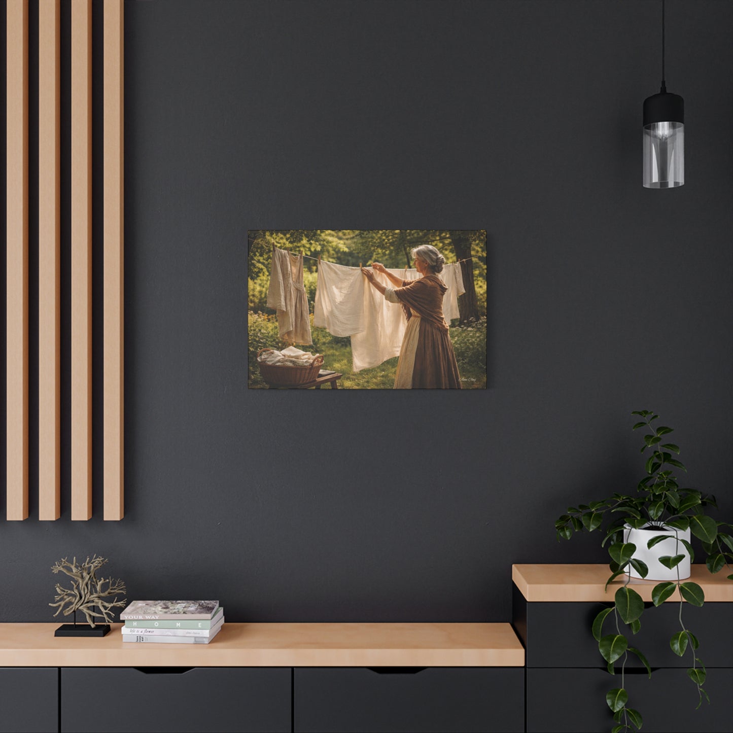Domestic Canvas Wall Art — Vintage Woman Hanging Laundry, Rustic Cottagecore Home Decor