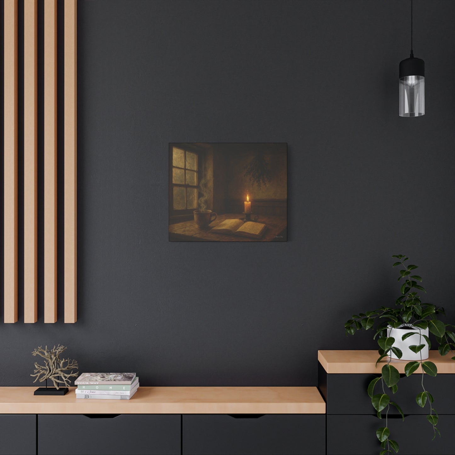 Cozy Candlelit Canvas Art, Wall Decor, Rustic Home Decor, Coffee Lovers Gift, Relaxing Room Artwork, Gift for Book Lovers