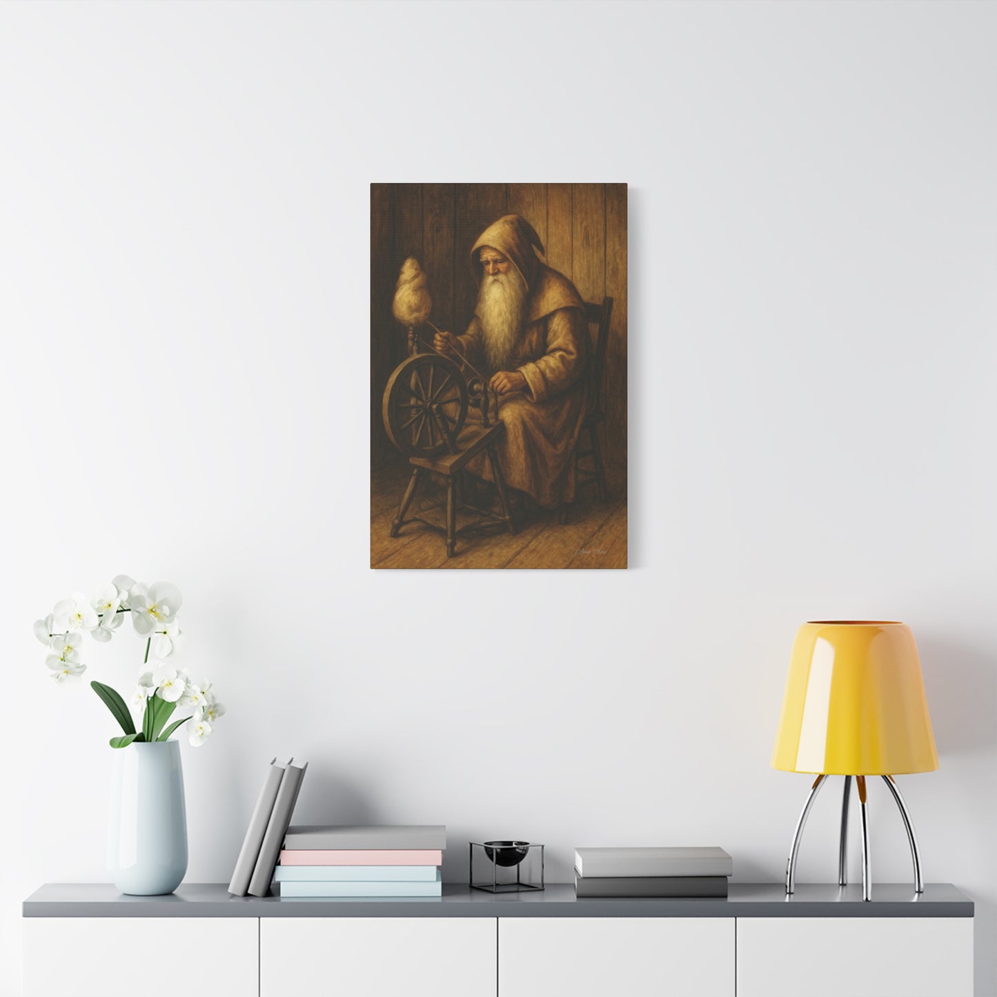 Spinning Wheel Santa, Canvas Print, Cozy Home Decor, Art for Craft Lovers, Perfect Gift for Holidays, Wall Art, Old World Santa