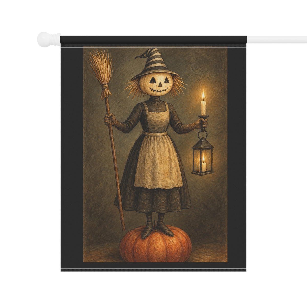 Halloween Scarecrow Garden Flag — Vintage Jack-o'-Lantern Lady Holding Lantern