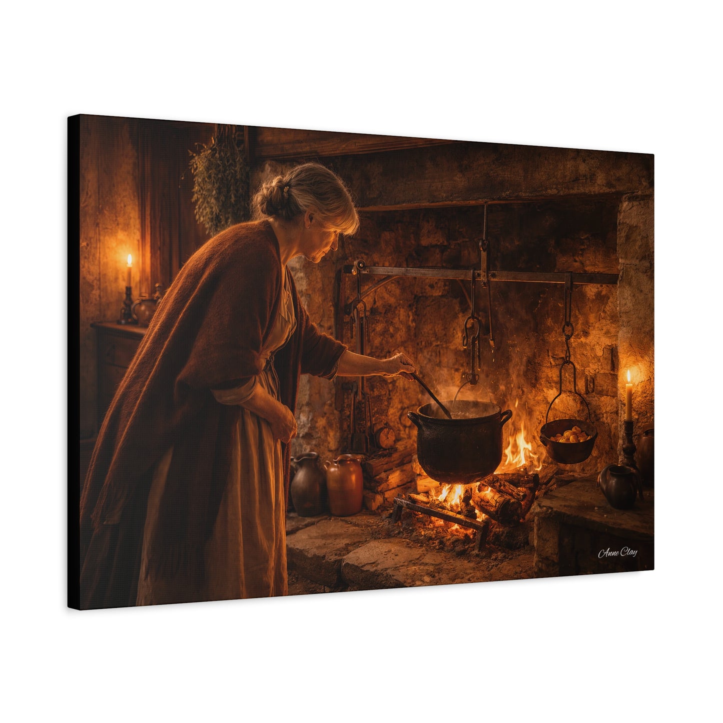 Domestic Colonial Woman at Hearth Matte Canvas