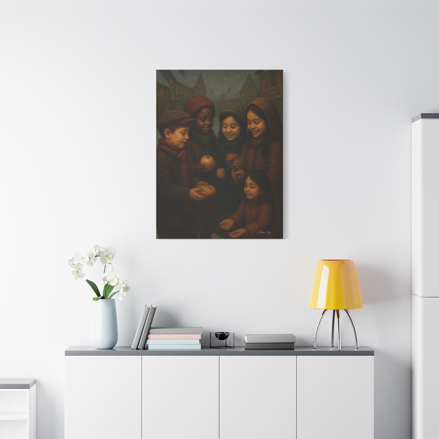 Spirit of Christmas, Open Arms, Sharing Festive Canvas Art Print: Joyful Winter Children Scene