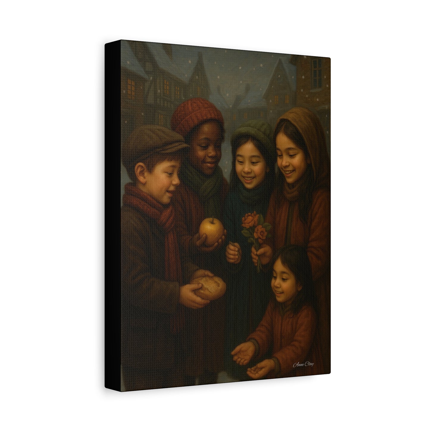 Spirit of Christmas, Open Arms, Sharing Festive Canvas Art Print: Joyful Winter Children Scene