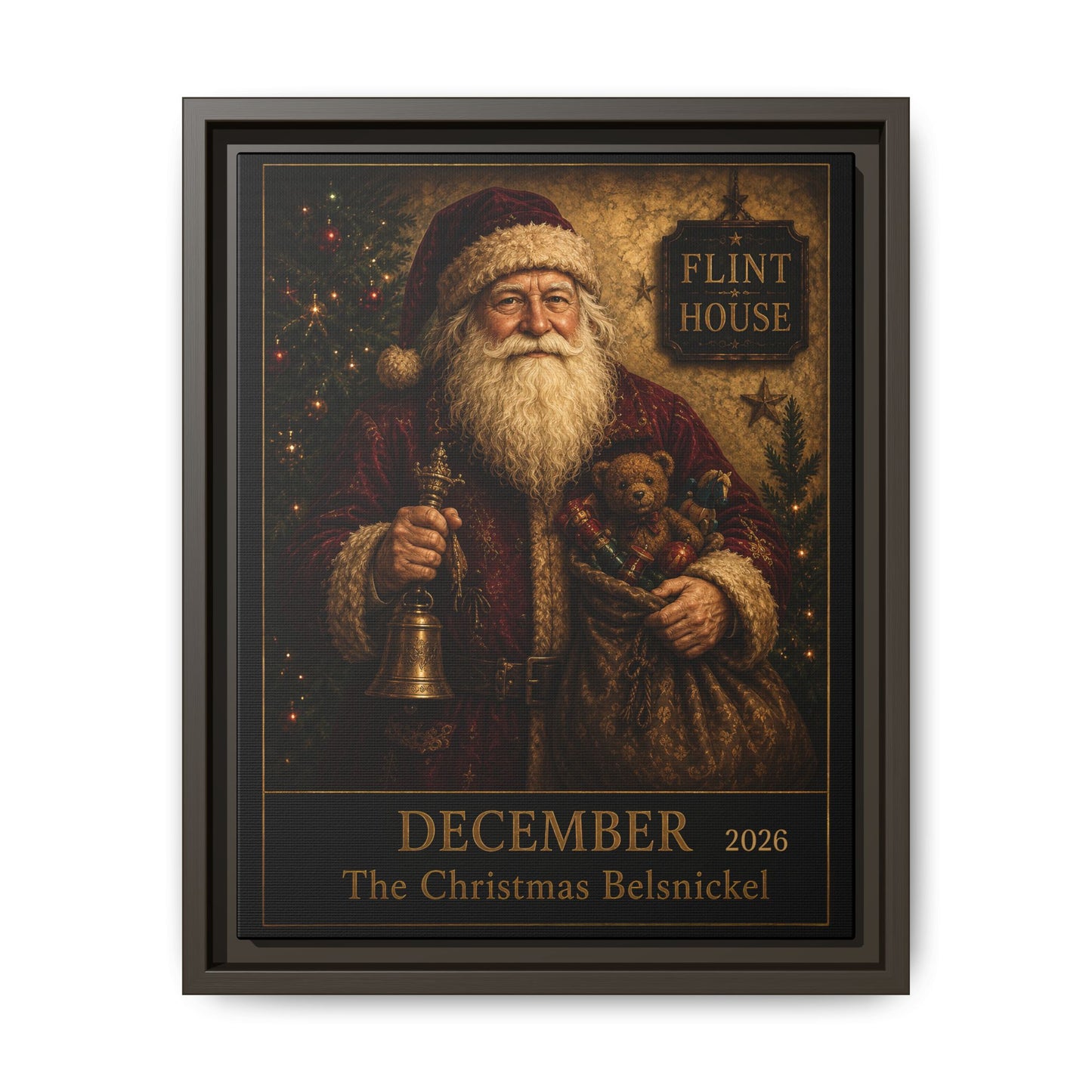 Framed Vintage Santa Canvas – “December The Christmas Belsnickel” Holiday Wall Art FLINT HOUSE COLLECTIONS